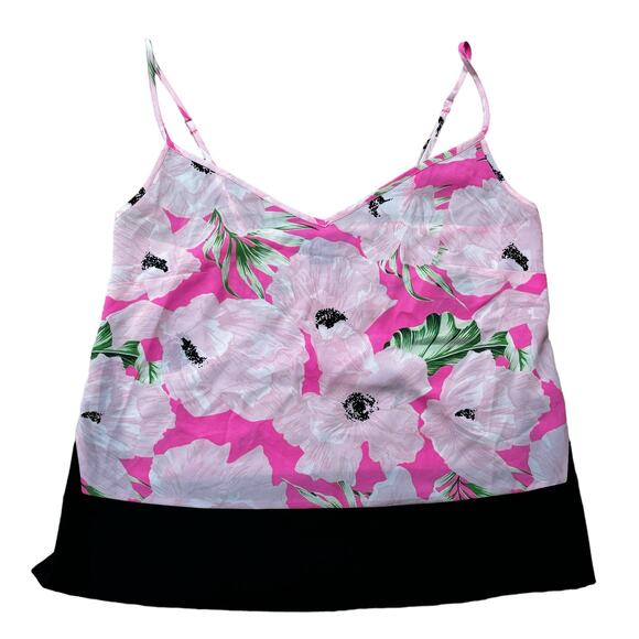 French Connection Pink Floral V Neck Camisole Tank Black Trim Size Medium - Picture 1 of 9
